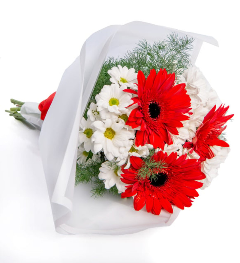 Beyaz Papatya ve Kırmızı Gerbera Çiçek Buketi
