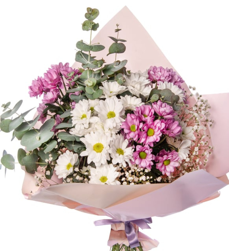 Beyaz Buket Kağıdında Beyaz ve Pembe Papatyalar